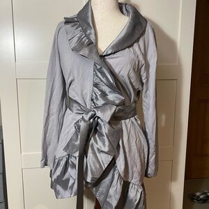 Elegant Gray Satin Robe with Ruffle Details